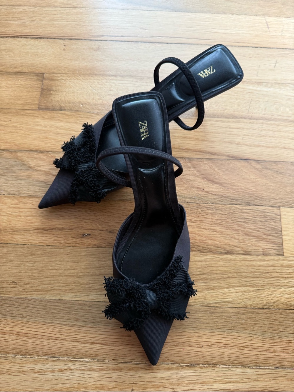 Zara Black Frayed Bow Pointed Toe Heels